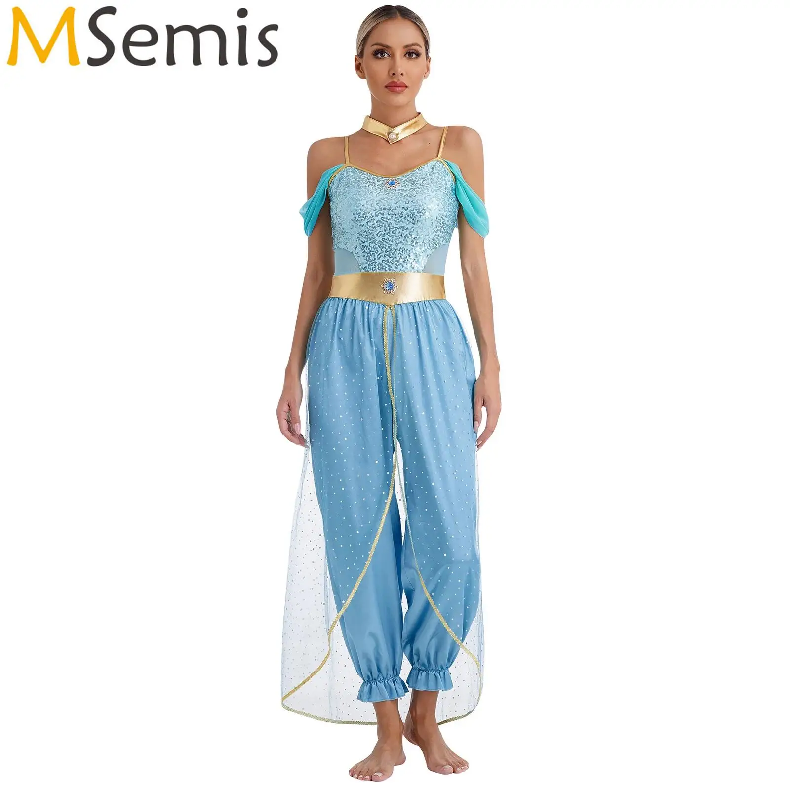 

Womens Fairy Tale Arab Festival Arabian Princess Belly Dance Cosplay Costume Romper Jumpsuit with Metallic Shiny Choker