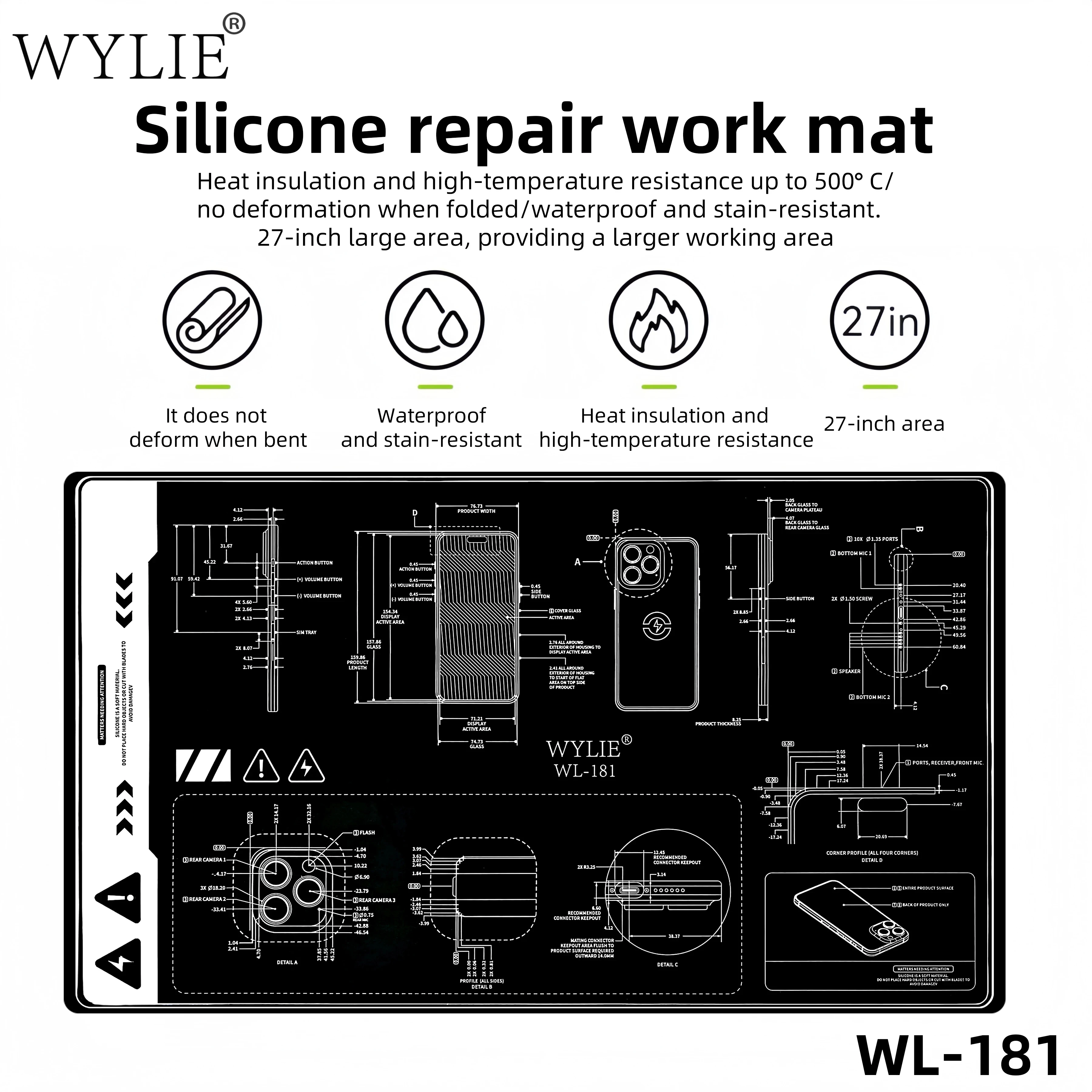 

WYLIE WL-181 silicone anti-static heat-resistant insulation tool for mobile phone mainboard electronic PCB repair Working Pad
