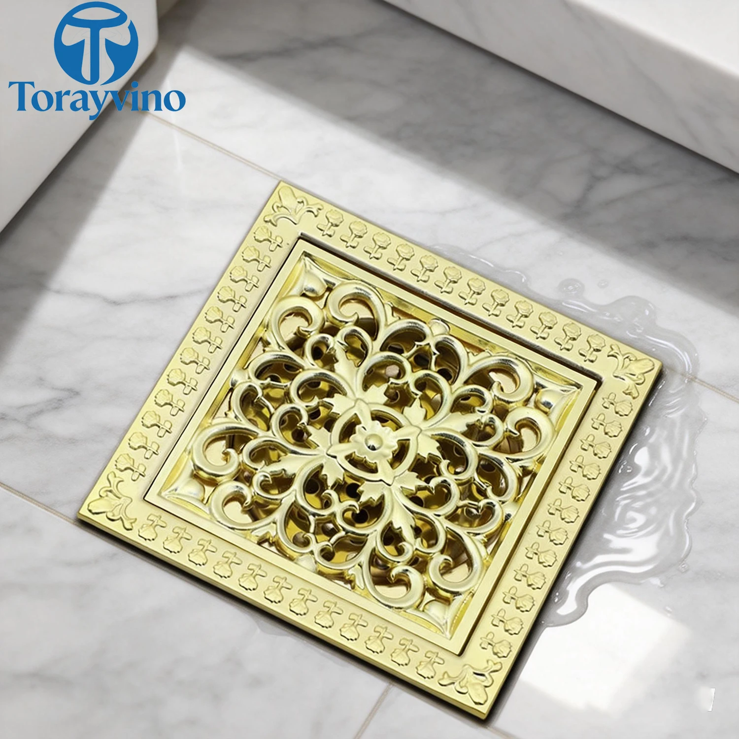 Torayvino Bathroom Drain Gold Stainless Steel Square Shower Drain With Flange Removable Grid Cover Hair Strainer Floor Mounted
