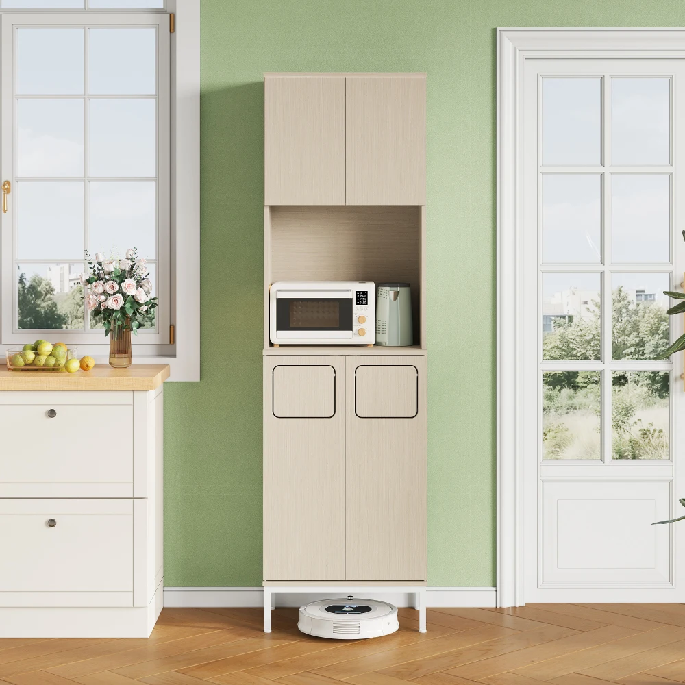 Armario de Cocina Alto con Compartimento para Microondas y Área para Basura, Organizador Ajustable en Altura para Aspiradora, 53x35x181cm