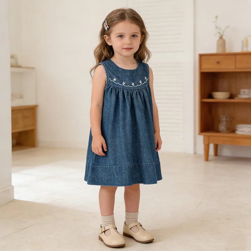 

Girls Summer Denim Dress Sleeveless Vest Pleated Skirt Cute Fashion Princess Dress for Toddler Baby Girls Casual Daily Holiday
