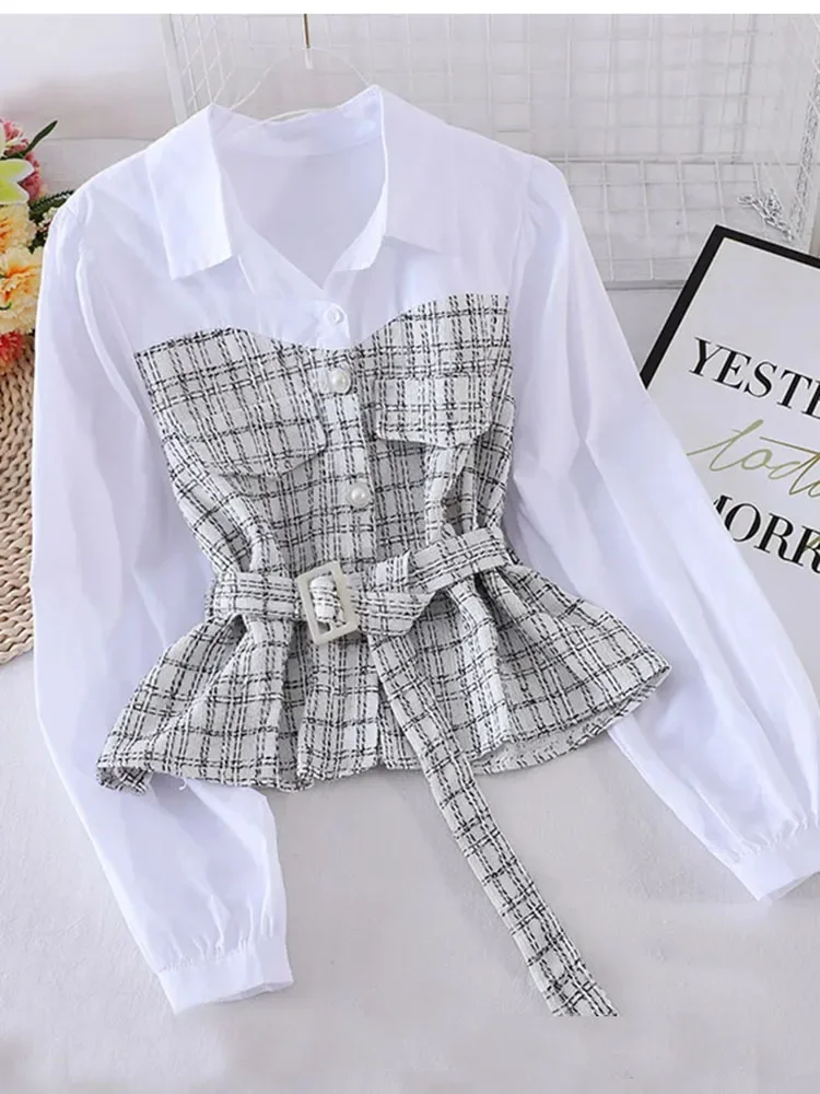 Women New Plaid Shirt Female Autumn Korean Loose Long-sleeved Stitching Fake Two-piece Blouse Turn-Down Collar Top Female Y1145