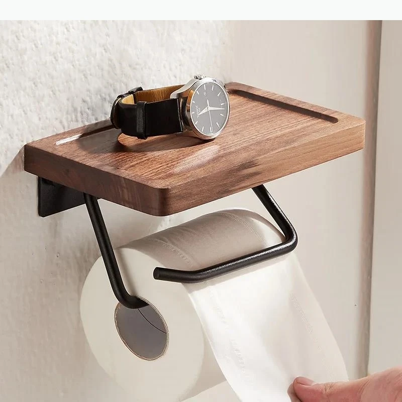 

Metal Wood Tissue Wall-mounted Paper Shelf Black Walnut Paper Paper Roll Wall Storage Rack
