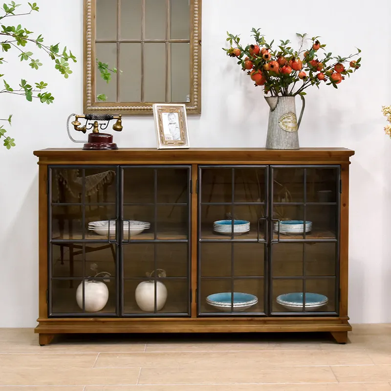 Retro solid wood dining side cabinet Household high definition glass  Door display cabinet Integrated housekeeping storage