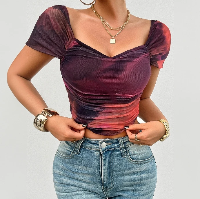 Top Women 2024 Summer Temperament Slim Fit Square Neck Short Sleeved Ruched Casual Back Zipper Crop Fishbone T-Shirt Top