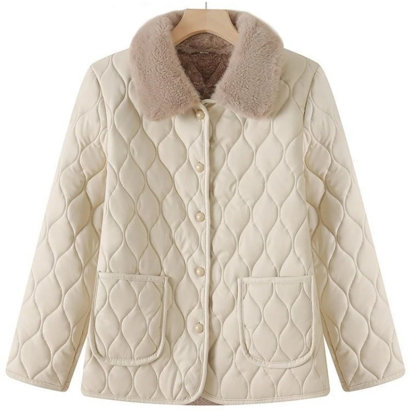 Women Pu Fleece-lined Parkas Coats Winter Thickening Windproof Casual Spliced Lapel Fur Collar Outwear Wear-resistant Loose Coat
