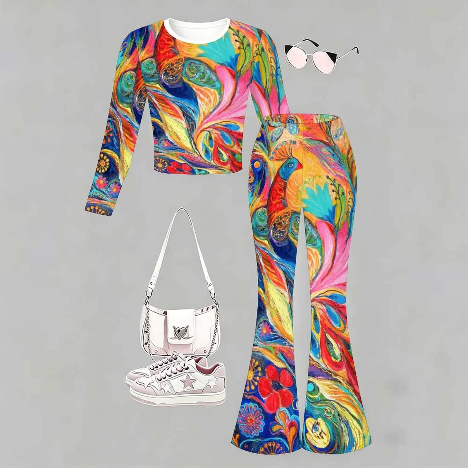 Slim Two-piece Set Fashion Bell-bottomed Pants Children's Casual Pants Autumn Winter Girls' Trendy T-shirt Jogging Pants