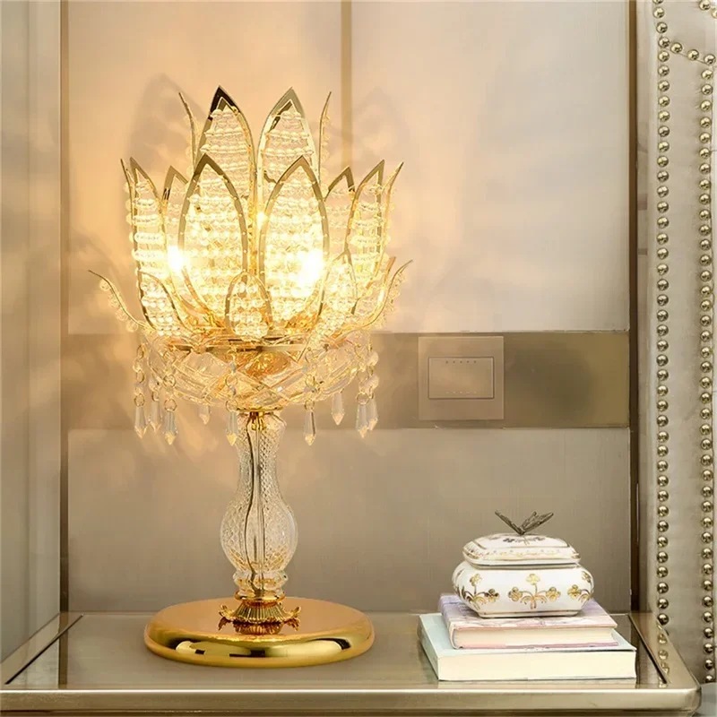 ELARA Luxury Table Lamp Crystal Modern Gold Lotus Creative Decoration LED Desk Light For Home Bedside