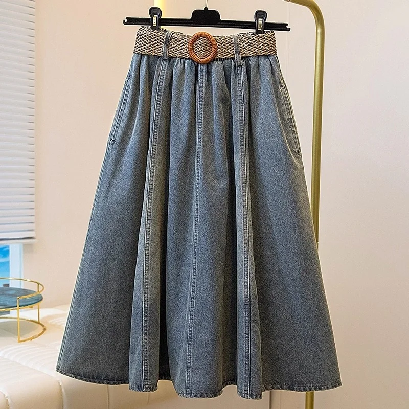 

Женская осенне-зимняя винтажная джинсовая юбка трапециевидной формы большого размера с высокой талией, универсальная джинсовая юбка средней длины w869