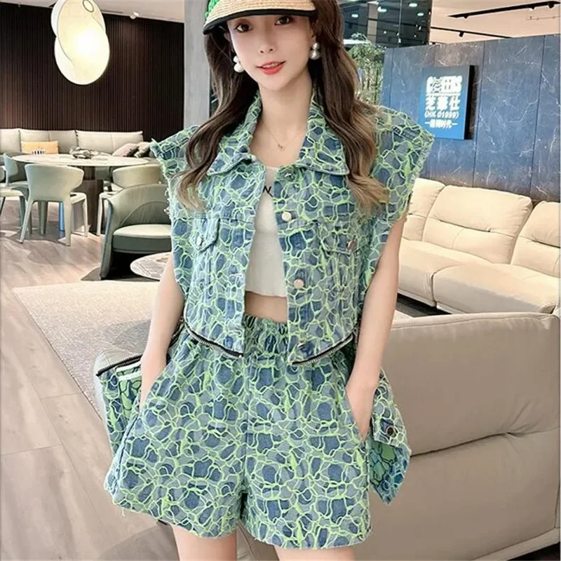 Street Fashion 2pc Denim Suits Colorful Print Long Jean Jacket Waistcoat+Wide Leg Shorts New Summer Fashion Chic 2 Piece Sets