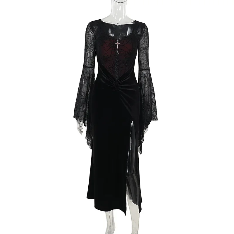 Goth Dark Weibliche Samt Beflockung Druck Flare Hülse Langes Kleid Elegante Party Kleid Spitze Splic Sexy Sheer Kleider Mall Gothic Schlank