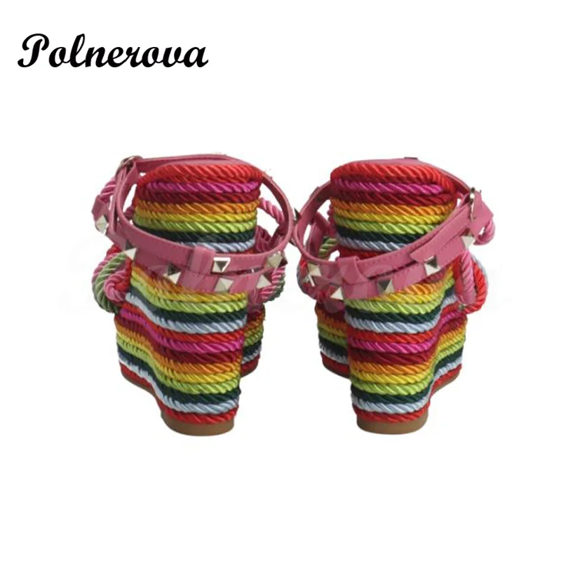 Colorful Hemp Rope Silver Rivet Espadrilles Wedge Sandals Genuine Leather Strap Wedge Sandals for Women Luxury Sandal High Heels