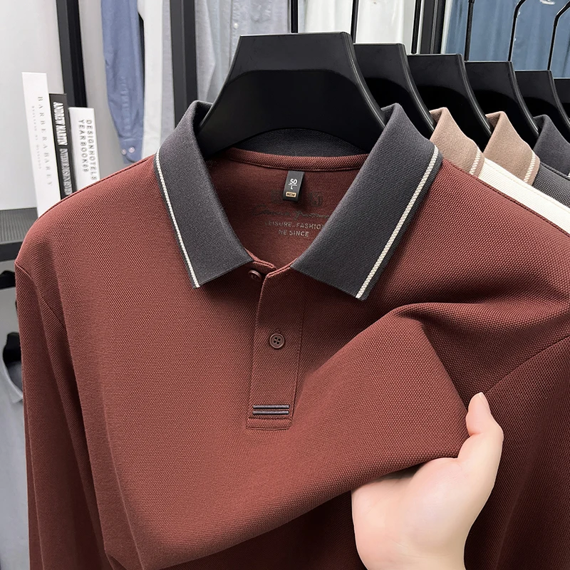100% cotton High-Quality long sleeve polo shirt fashion luxury comfort color blocked lapel T-shirt business casual men's wear