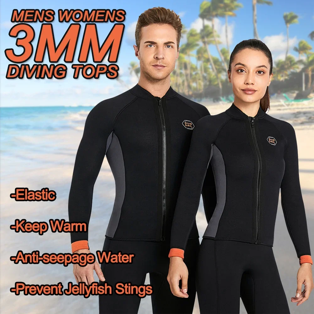 3mm Neoprene Men Diving Suit Coat Adult Womens Long Sleeve Diving Tops Jacket With Zipper Dive Swim Surfing Snorkeling Suit