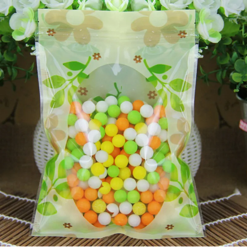 10Pcs Green Leaves Printed Transparent Window Ziplock Sealer Bags Dried Fruit Tea Food Packaging