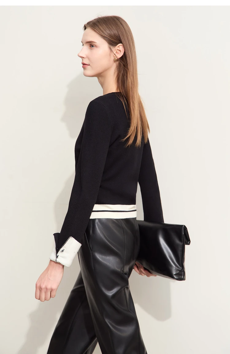 Amii Minimalism 2026 Strickjacke für Damen Herbst Neu Pendler O-Ausschnitt Gespleißte Kurze Wollstreifen Schlanke Langarm-Oberteile 12443022 – Detail 25