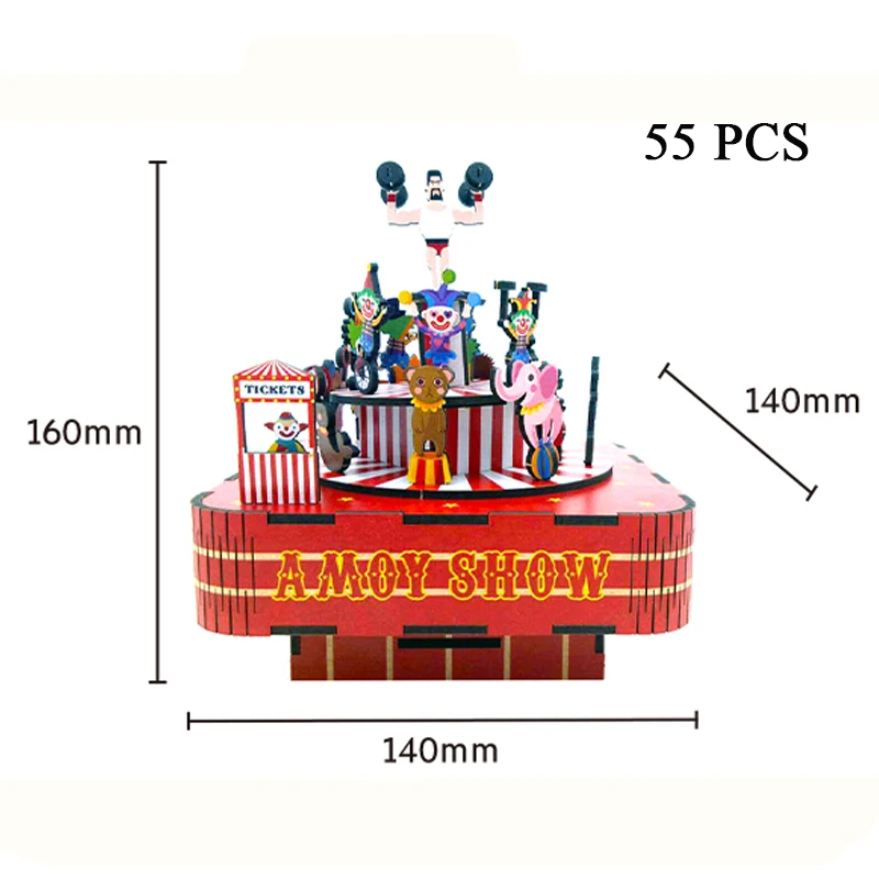 DIY 3D Wooden Circus Troupe Music Box Miniature Model Kits Jigsaw Puzzles Can Move for Children Birthday Gifts Home Decoration