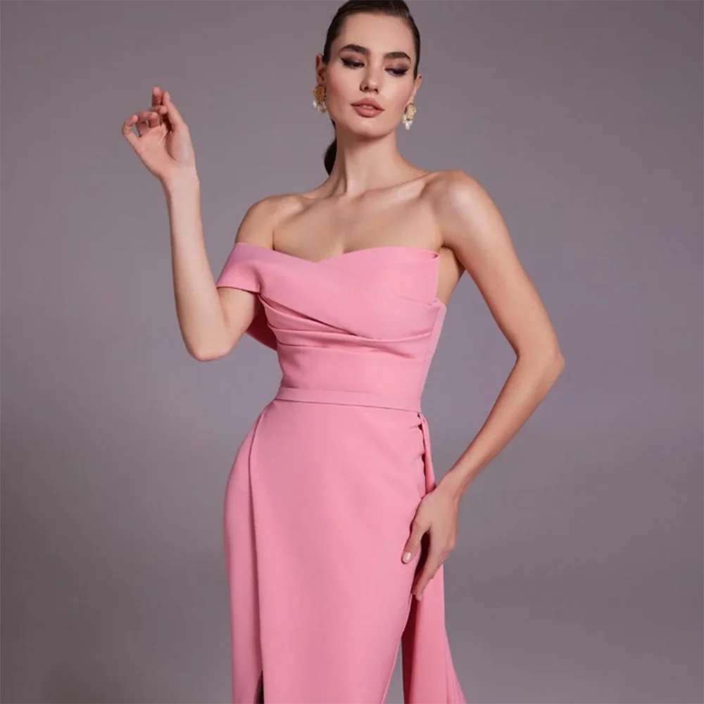 

Simple Sexy Luxury Pink Women Prom Dress Strapless Sleeveless Floor Length Side Split Sexy Pretty Slimming Vestidos De Fiesta