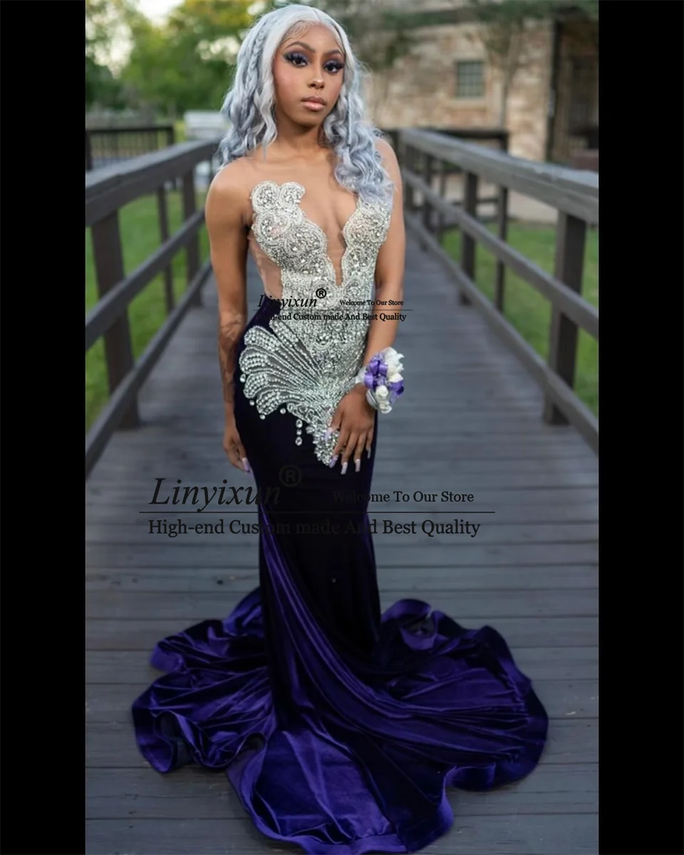 Luxury Long Prom Dresses 2024 Mermaid Style Luxury Sparkly Silver Crystals  Black Girls Prom Party Formal Gowns