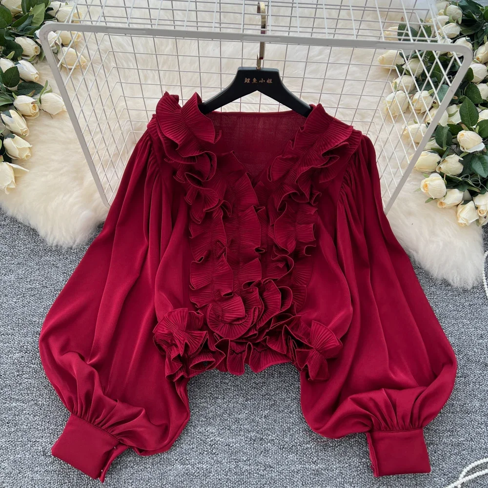 Vintage Long Lantern Sleeve Hotsweet V-neck Chic Edible Tree Fungus Ruched Top Women Korean Casual High Street Autumn Blouse