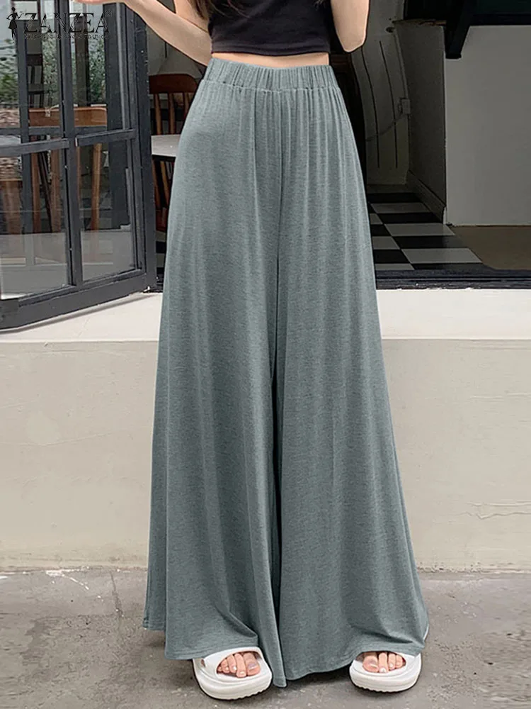 

Casual Pleated Swing Pantalon ZANZEA Summer Elastic Waist Loose Pants Women Vintage Wide Leg Trousers Korean Fashion Long Pants