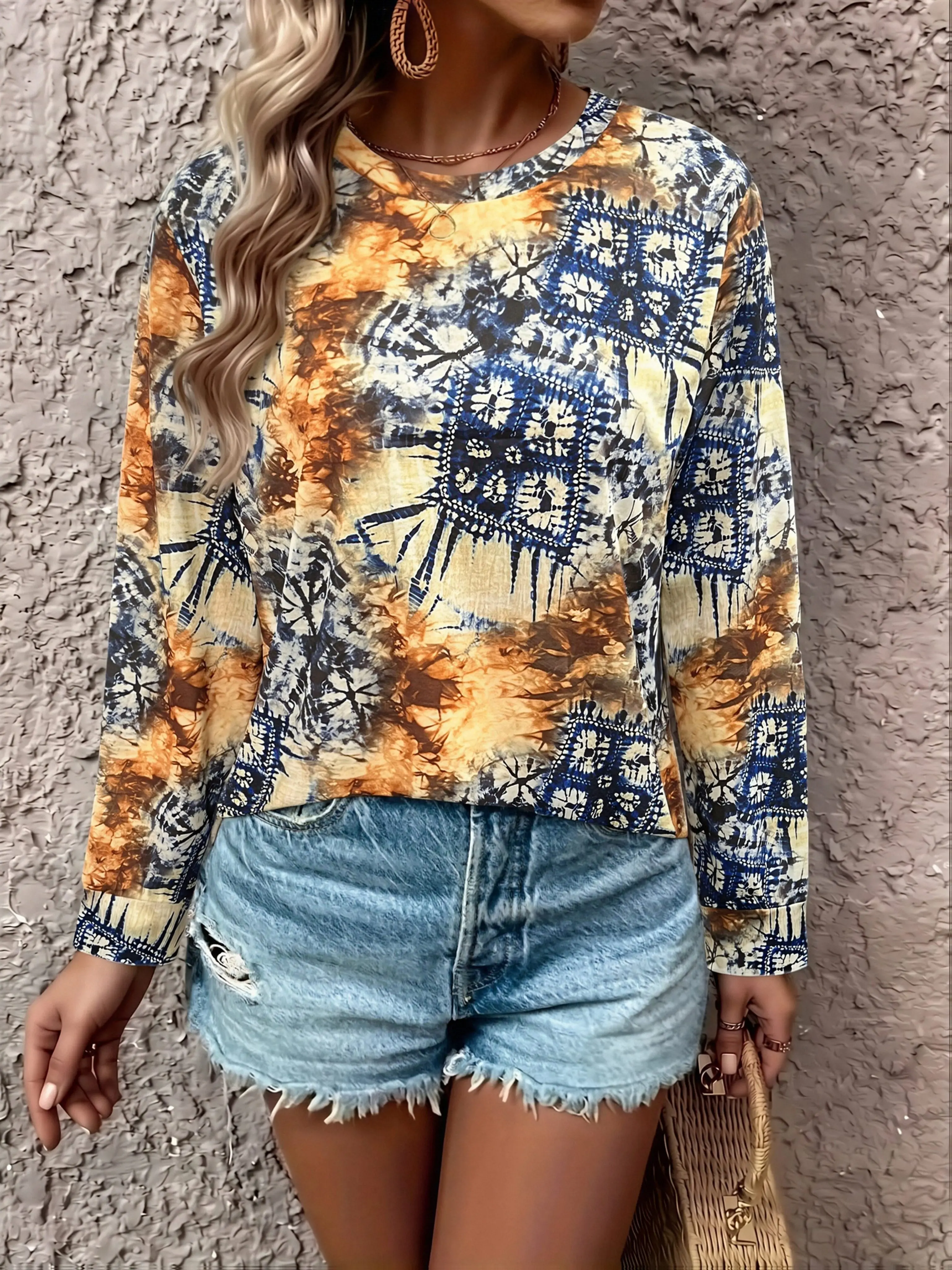 Women's Long Sleeve T-Shirt, Abstract Tie Dye And Geometric Square Print In Blue And Orange, All-Winter Holiday Style Top Suitable For Leisure And Sports Scenarios