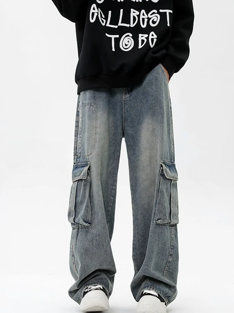 

Retro Workwear Wide Leg Loose Fit American Sle Men's Jeans Casual Long Trousers Autumn Trendy Straight Tube Pants