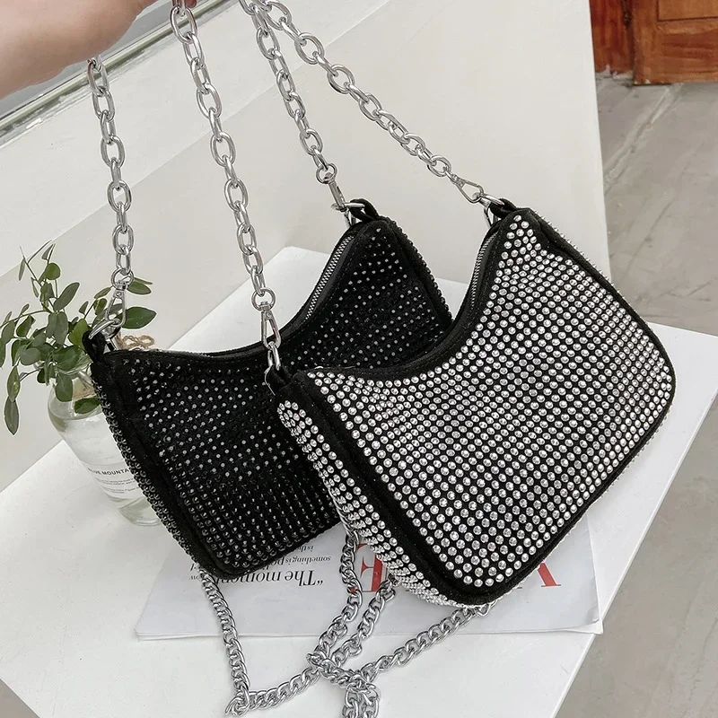 Bolso Hobo de estilo Punk para mujer, bolso de hombro con diamantes de imitación, con asa superior brillante