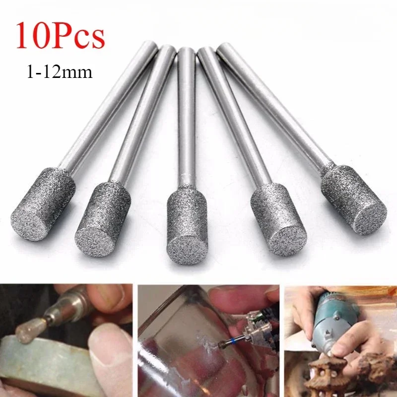 10Pcs 1-12mm Cylinder Diamond Grinding Head Grinder Needle Carving Polishing Jade 3mm Alloy Cylindrical Handle Sanding Tools