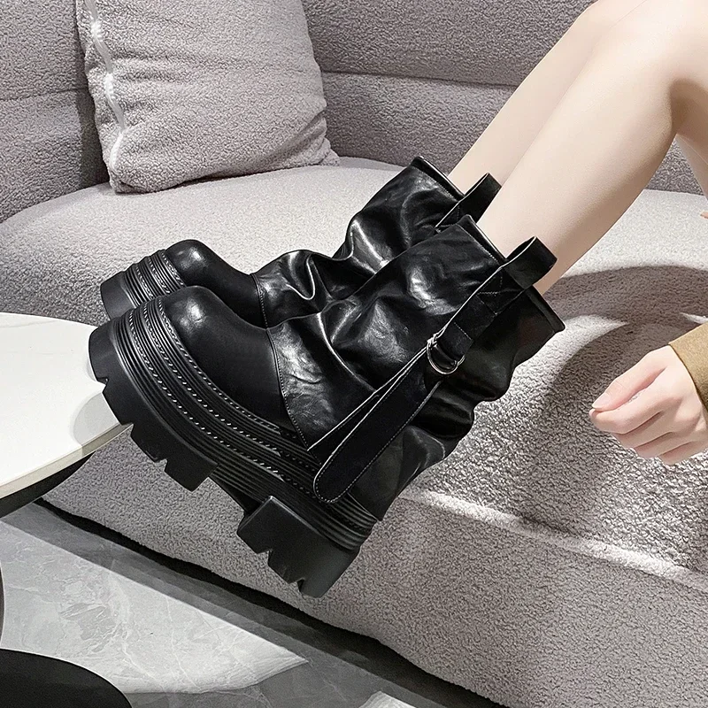 10CM Women's High Platform Warm Fur Motorcycle Boots Punk Buckle Strap Combat Booties Woman Thick Bottom Plush Mid Calf Boots