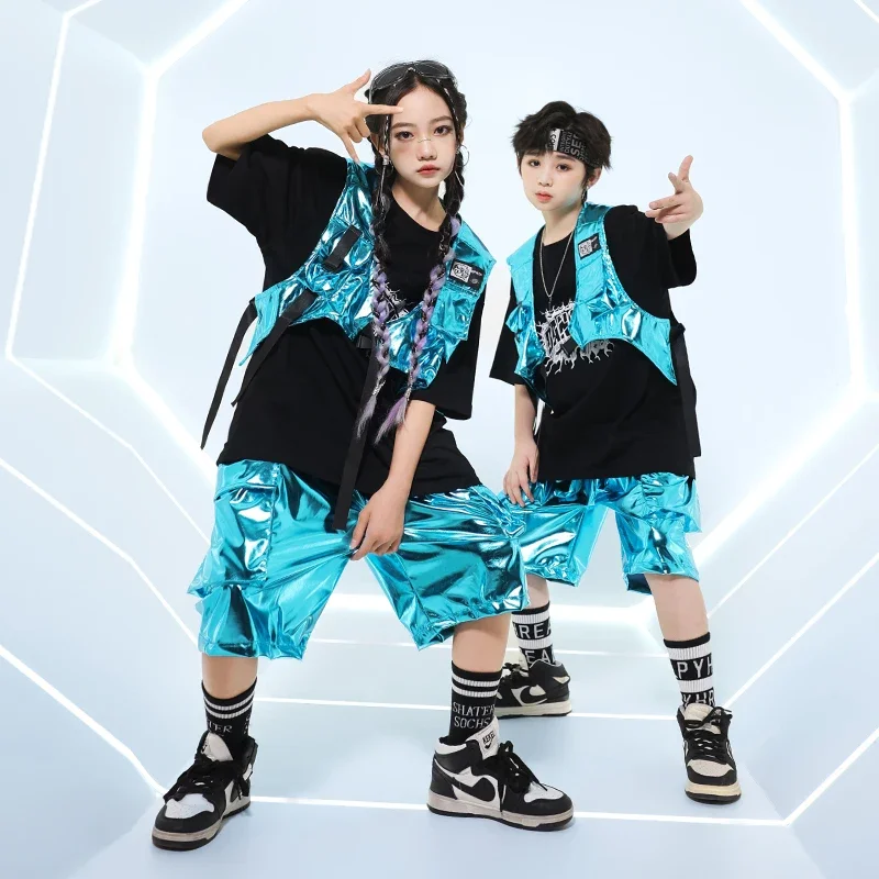 Hip hop meninos camiseta de couro do plutônio brilhante carga shorts meninas legal colheita topo streetwear crianças trajes dança rua criança jazz roupas