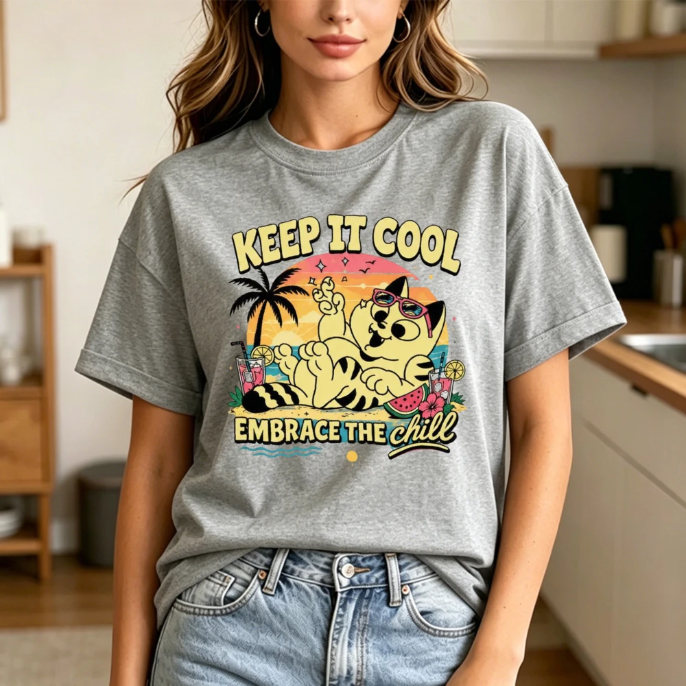 Retro Summer Cat Tee Keep It Cool Embrace The Chill Beach Vibes Vacation Cat Lover Graphic T-Shirt Women Crewneck Cotton Shirt