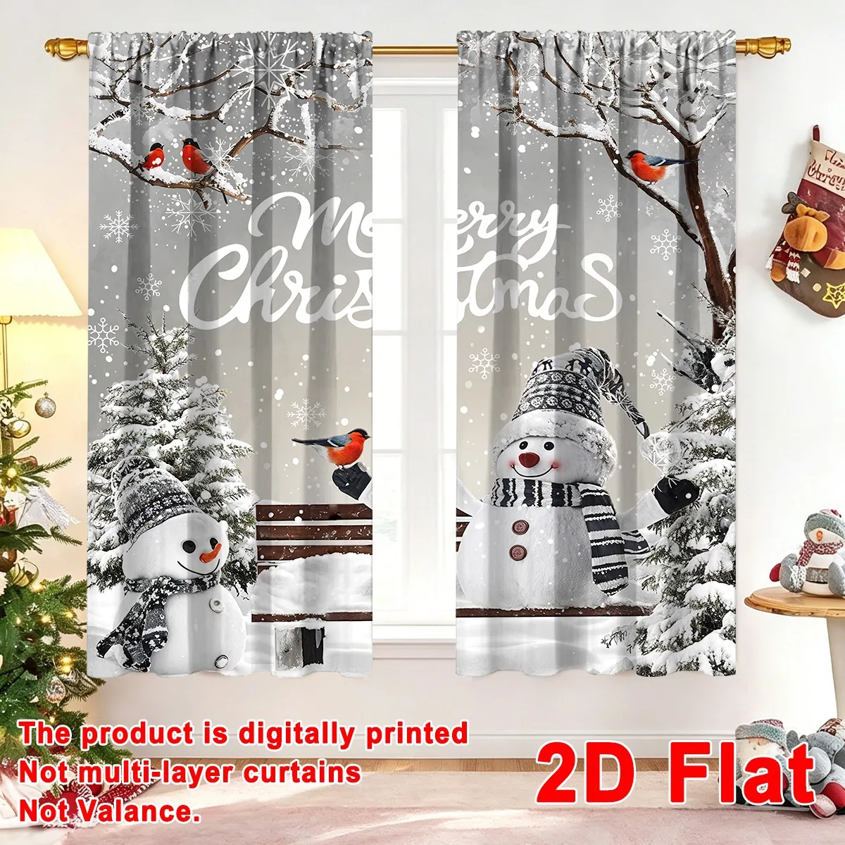 2pcs Christmas Curtains 60*150cm Snowman Xmas Tree Pattern Polyester Curtains Winter Wonderland Treatment Winter Holiday Decor