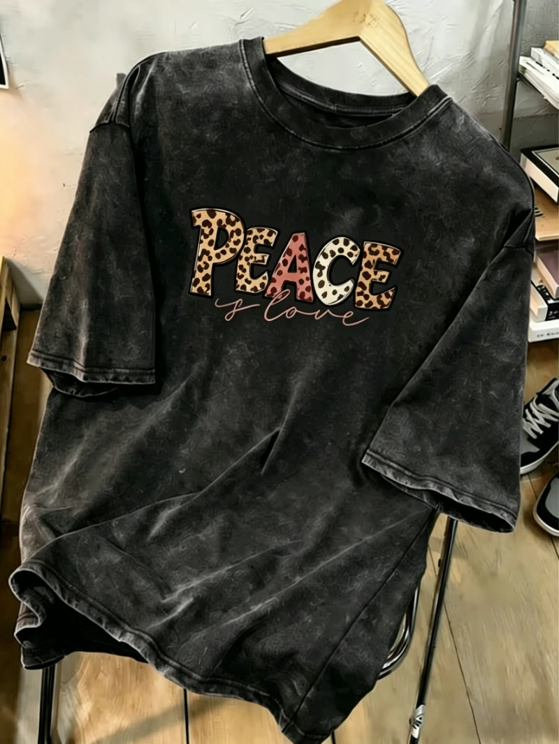 Vintage Washed Leopard Print Faith Word Graphic T-Shirt,Western Christian Hope Love Peace Jesus Print Short Sleeve Top For Women