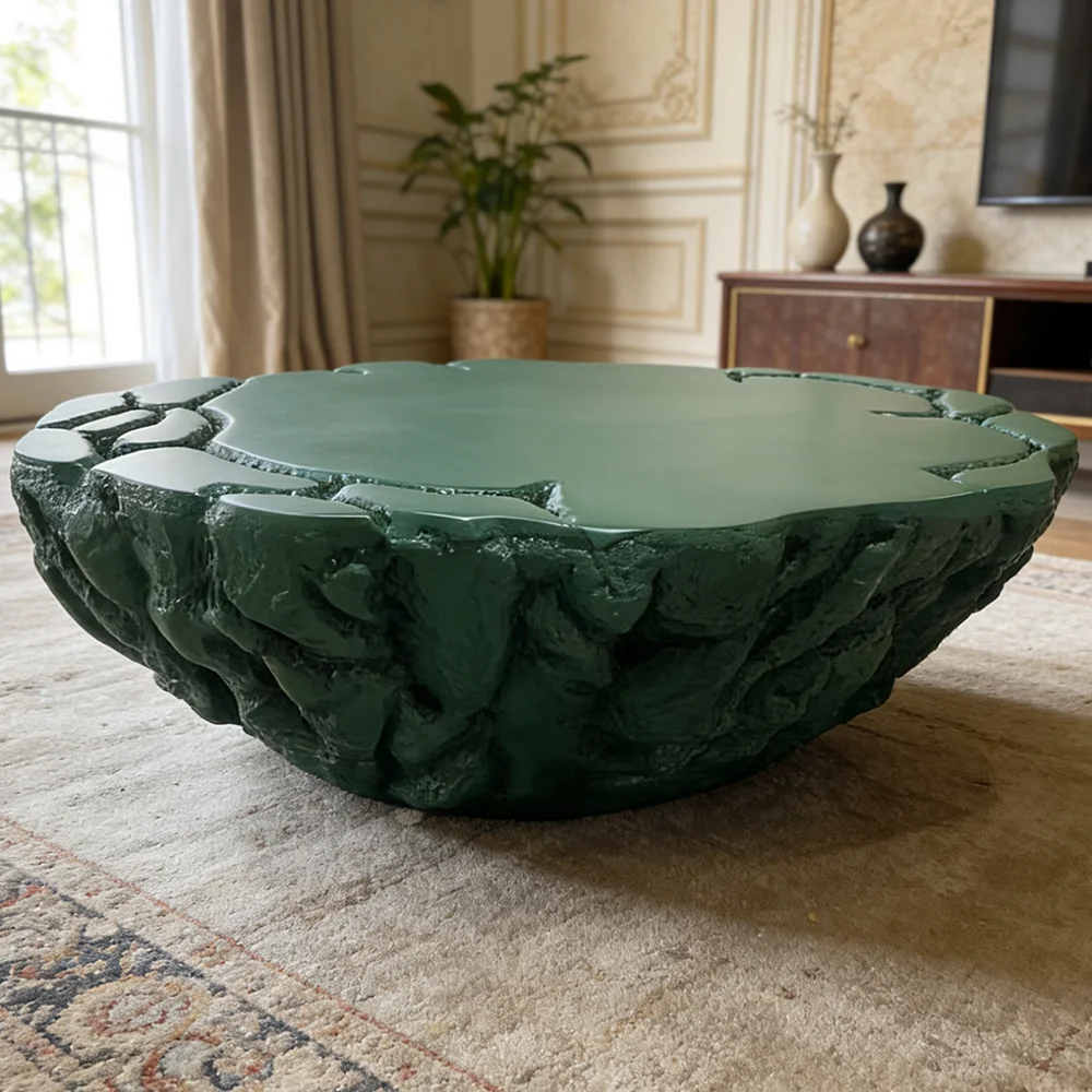 loLuxury Forest Green Coffee Table Unique Rock Texture Fiberglass Center Cocktail Desk Artistic Resin Living Room Furniture&