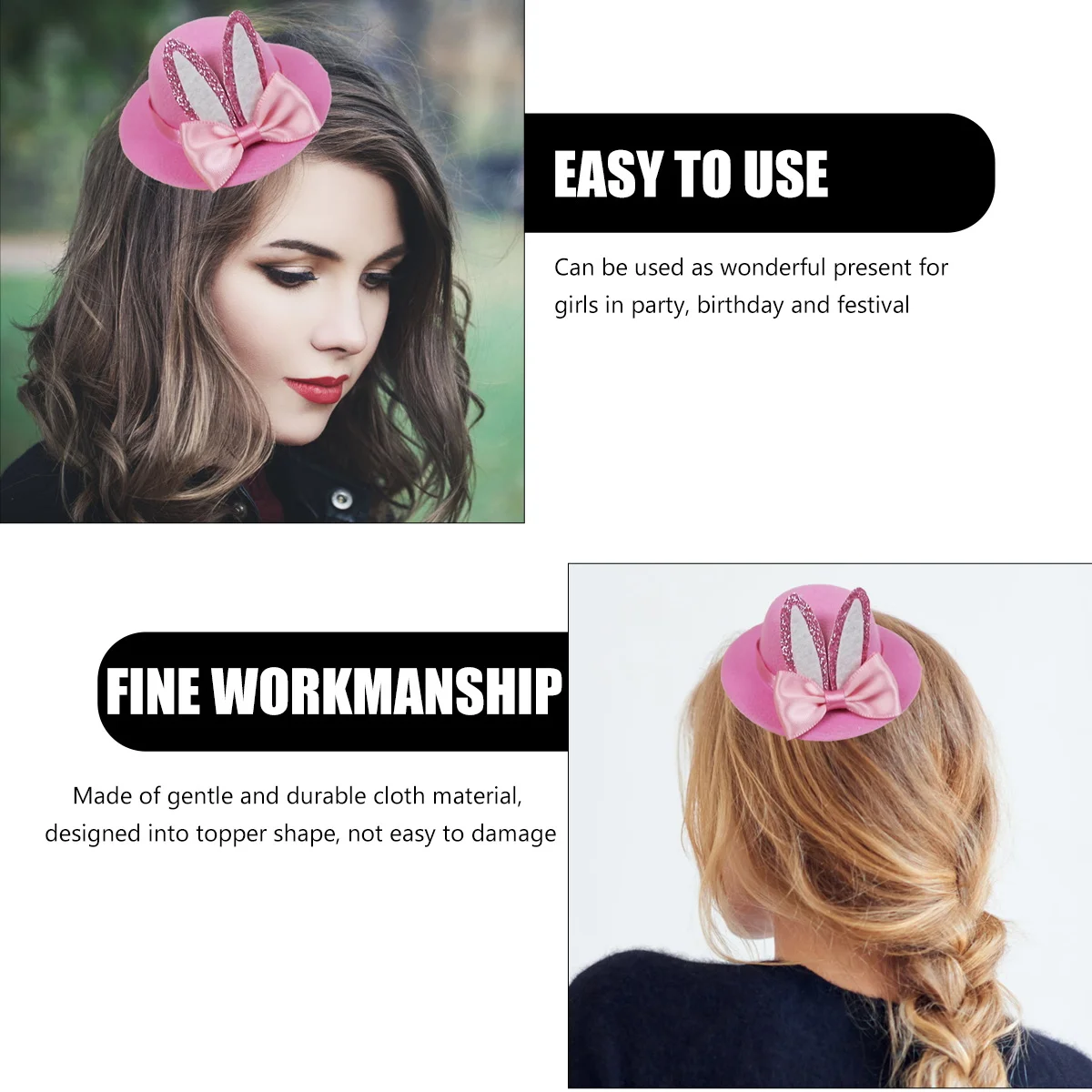 

2Pcs Children Hat Hairpin Bunny Ear Bow Topper Party Hair Clip Kids Accessories for Birthday Festival Celebration