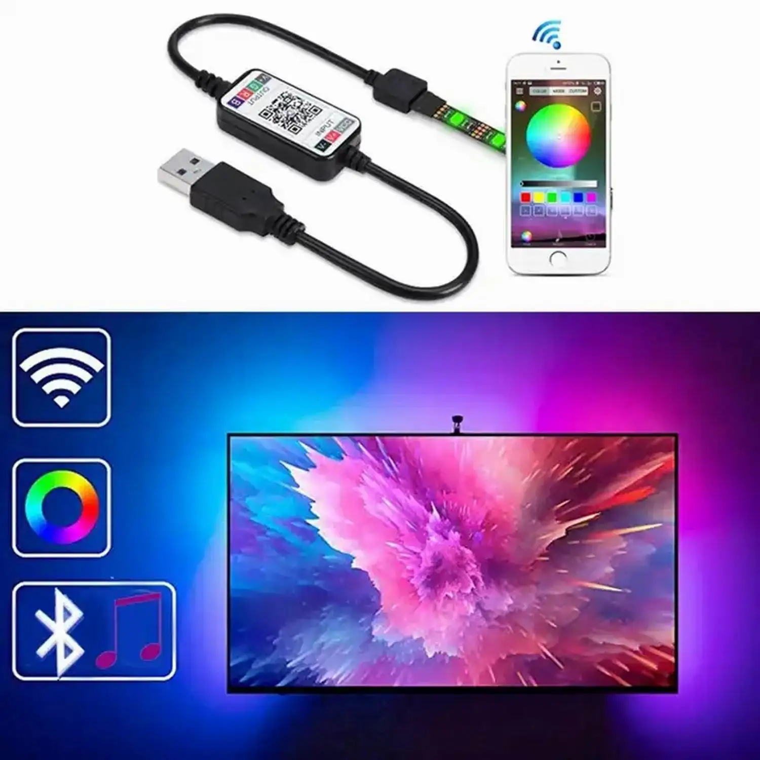 USB TV LED Strip para TV Backlight, Decoração de Natal, Luzes de fundo, Backlight, Controle App, 5050 RGB, 5m, 5V