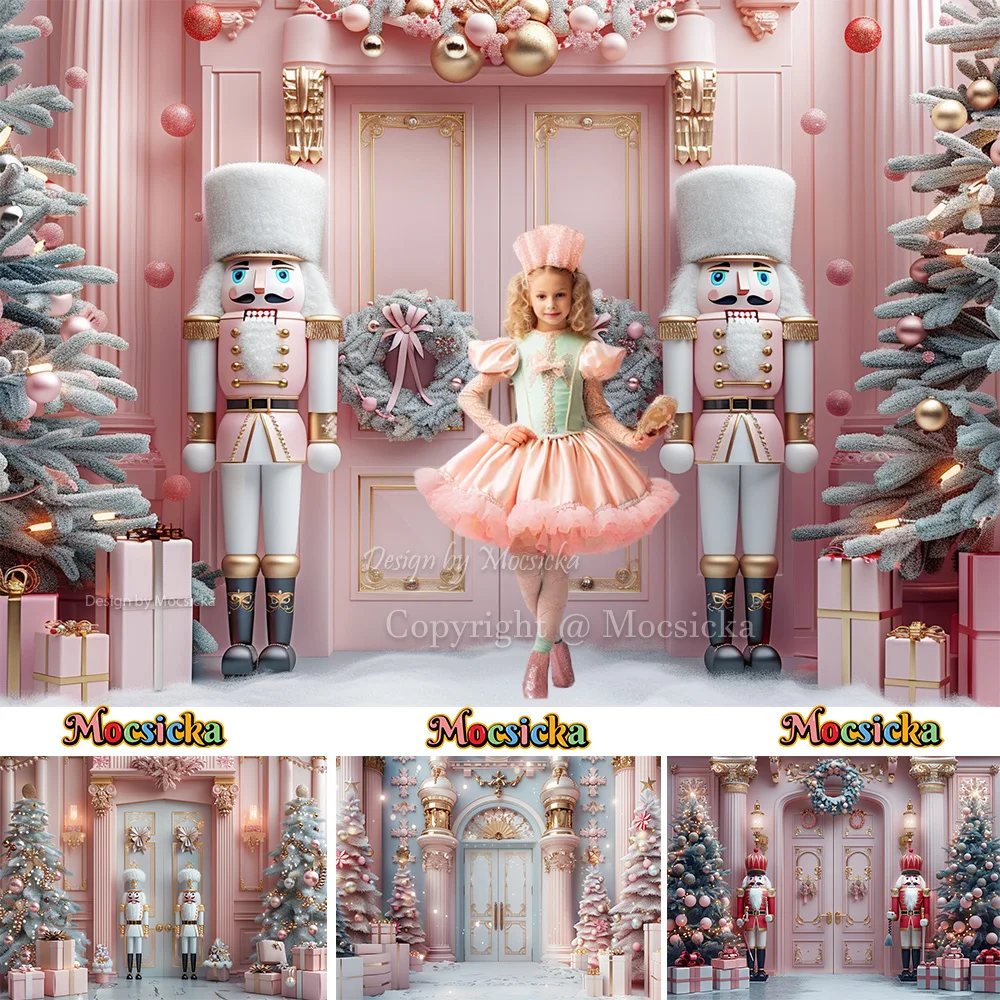 Christmas Photography Background Pink Nutcracker Soldier Castle Xmas Tree Backdrop Decor Girls Birthday Party Winter Snowy Booth