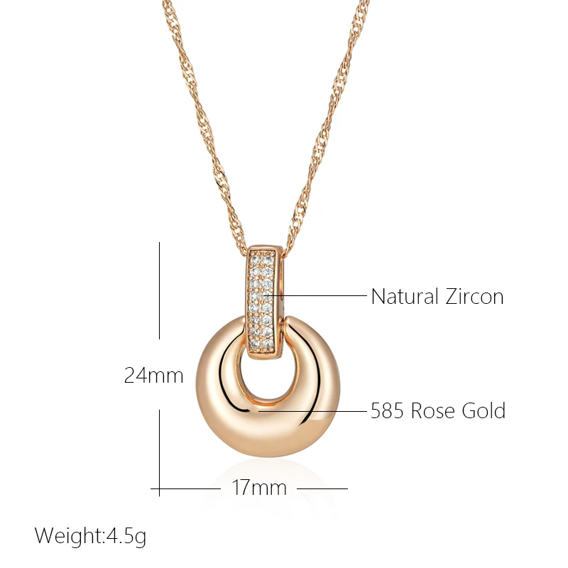 Kinel Fashion Glossy Geometry Round Pendant Necklace for Women Full Natural Zircon With 585 Rose Gold Color Daily Fine Jewelry