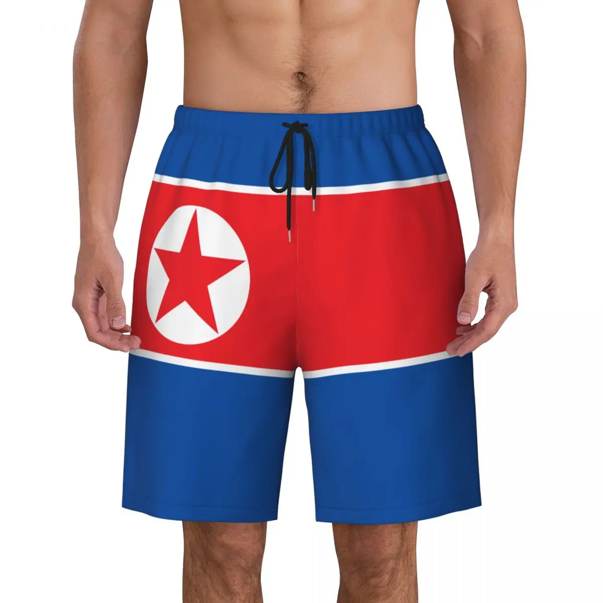 Summer Men's North Korea Flag Beach Pants Shorts Surfing M-2XL Polyester Swimwear Running