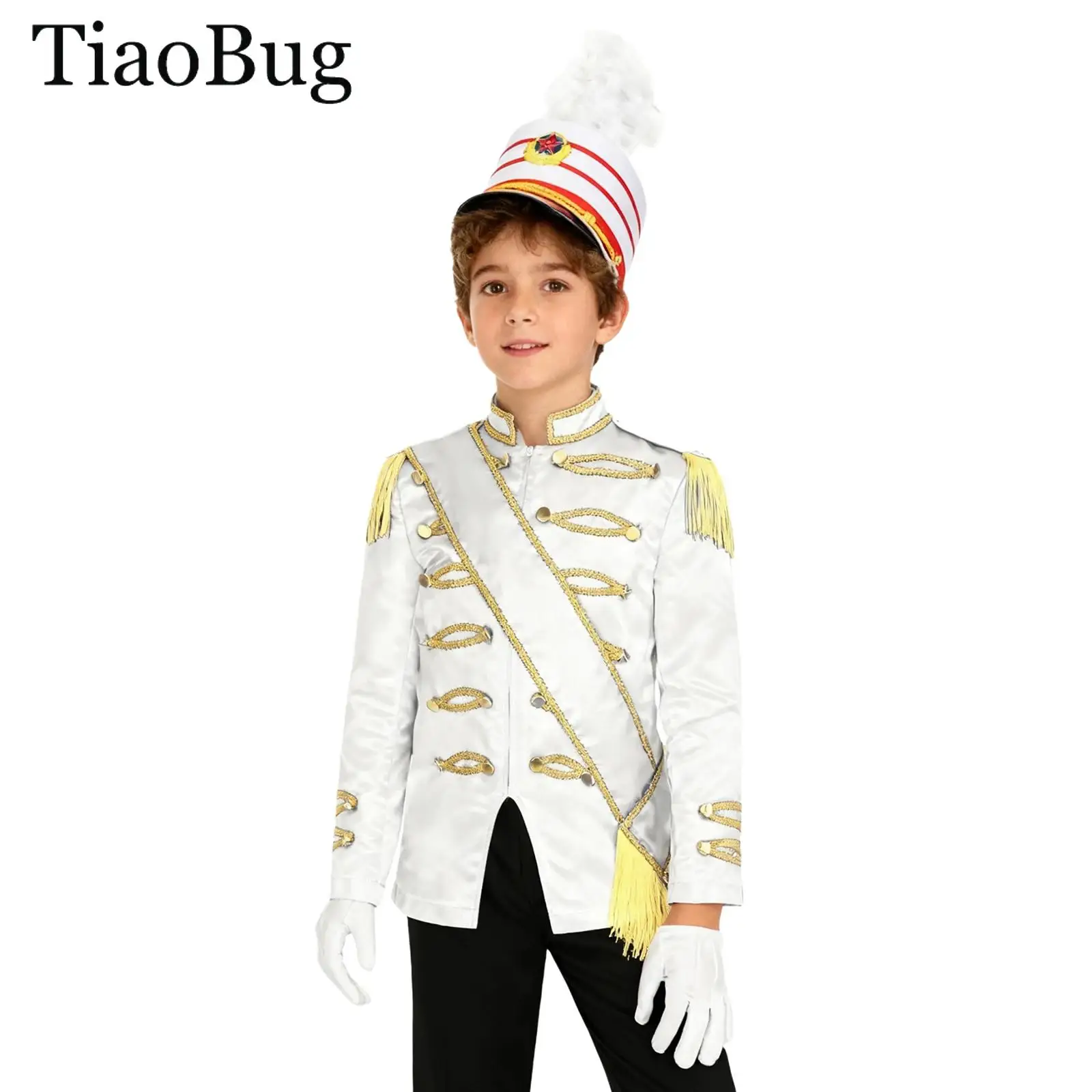 

Boys Drum Major Team Uniform Marching Band Tassel Circus Ringmaster Jacket Coat Sash Hat Glove Halloween Nutcrackers Costume Set