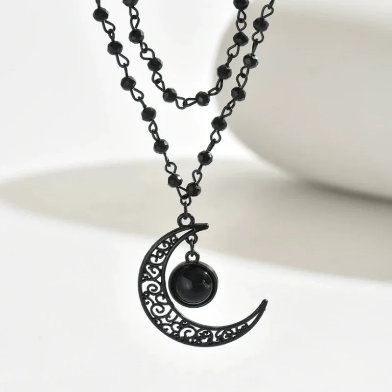 Gothic Layered Crescent Moon Pendant Necklace for Women Black Beaded Chain Hollow Moon Black Witchy Dark Aesthetic Jewelry Gift
