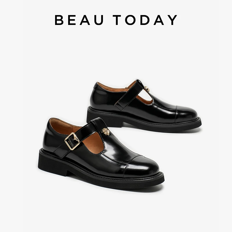 BEAUTODAY/Винтажные женские туфли Мэри Джейн из коровьей кожи с круглым носком и металлическим ремешком с цветочной пряжкой, женские туфли на плоской подошве ручной работы 28376
