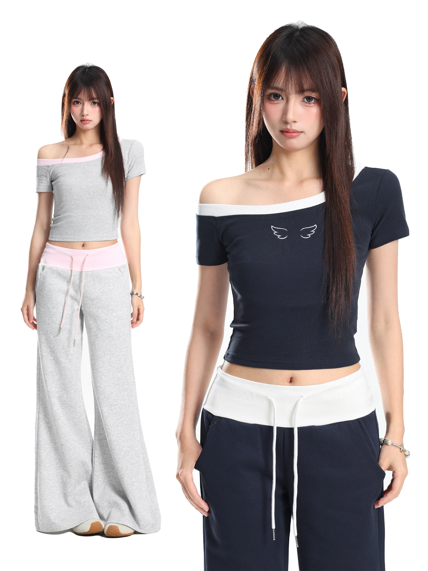 

Sporty Shoulder Bared Short Sleeve T Shirt for Women Summer Slimming Top with Long Pants Casual Cotton Wear by Young Ladies