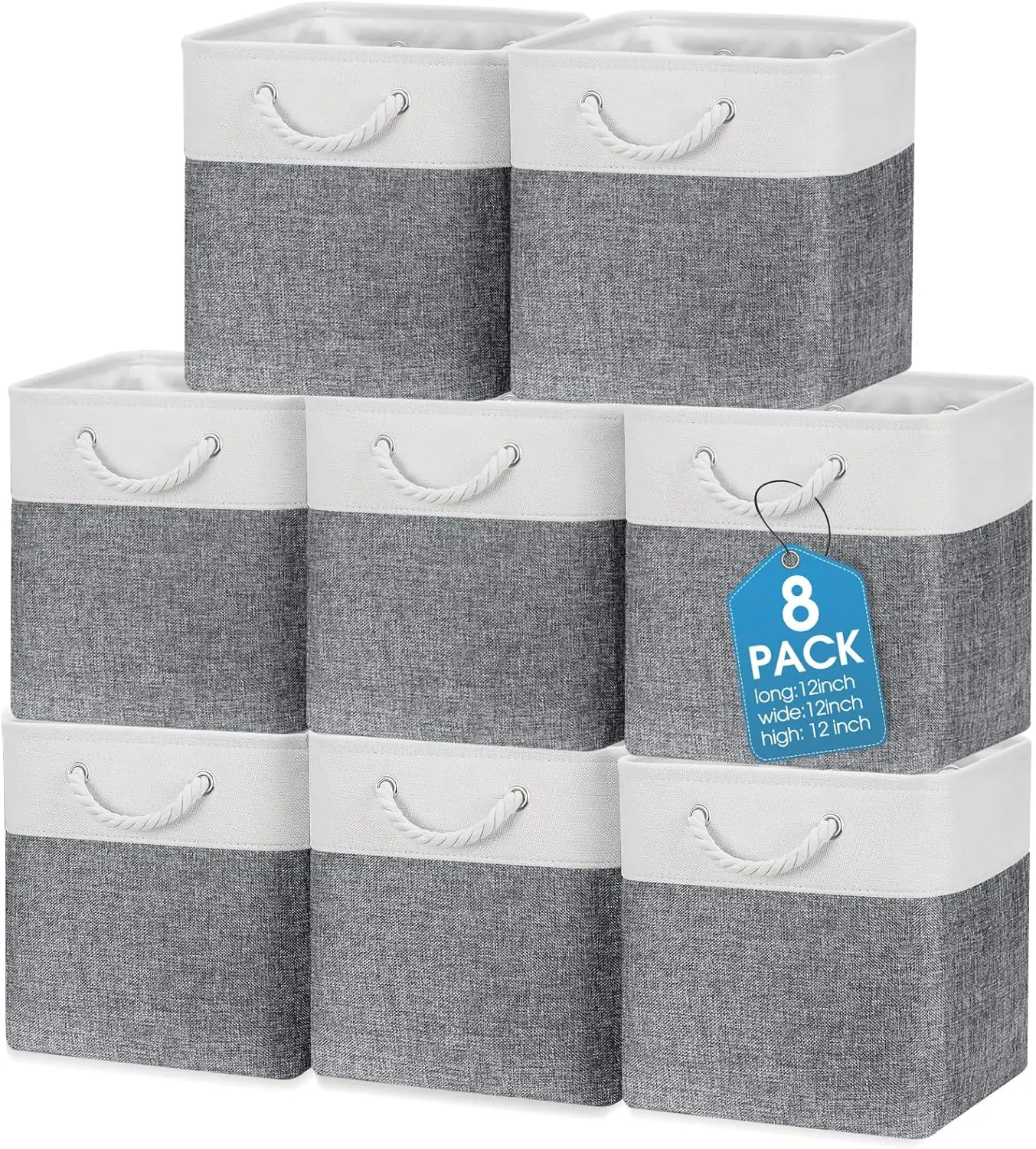 

Складные тканевые контейнеры для хранения из 8 штук с ручками, серо-белые, 12x12x12 дюймов для домашнего органайзера в шкафу