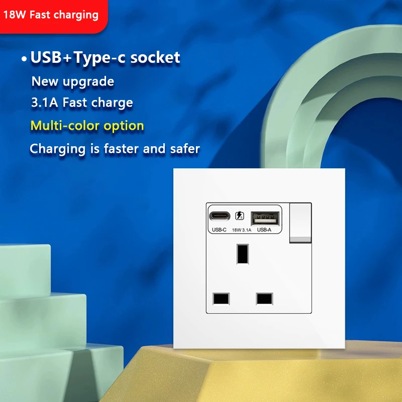 UK 13A Wall Socket with USB Type C 18W Quick Charge Plug Socket,Britain Standard DC 5V 3.1A Type-c Wall Electrical power outlet