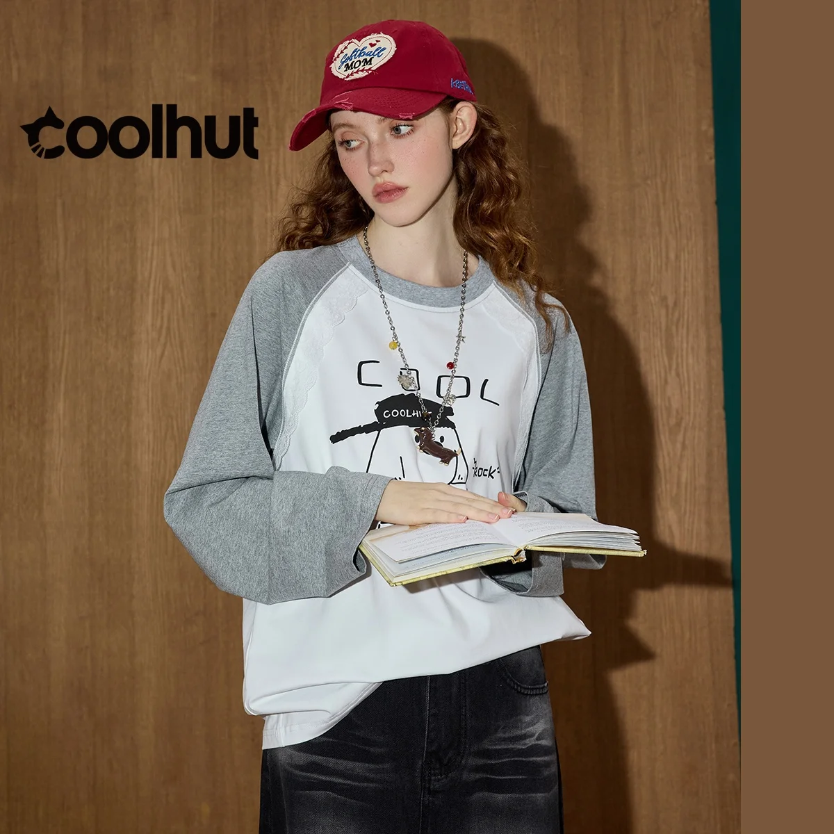 COOLHUT y2k graphic t shirts Women's American Retro Color Block Raglan Sleeve Tee Lace Trim Long Sleeve Casual Fall Graphic Top