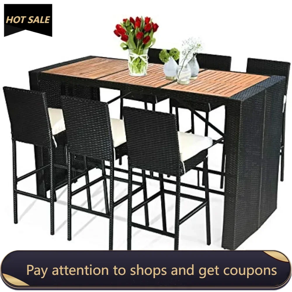 

7 PCS Outdoor Wicker Furniture With Acacia Wood Bar Table Top and Removable Cushion Porches Backyards Patios Dinning Tables Sets