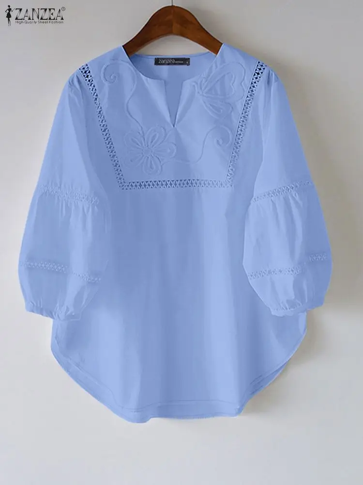 Vrouwen Geborduurde Blouse 2025, ZANZEA Herfst Kanten Overhemd Elegante V-hals 3/4 Mouwen Tops Casual Solid Werk Blusas Mujer Femme