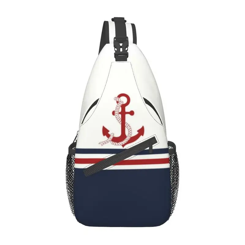 

Cool Navy Blue Stripes Nautical Anchor Boat Sling Bag for Traveling Men Chest Crossbody Backpack Shoulder Daypack